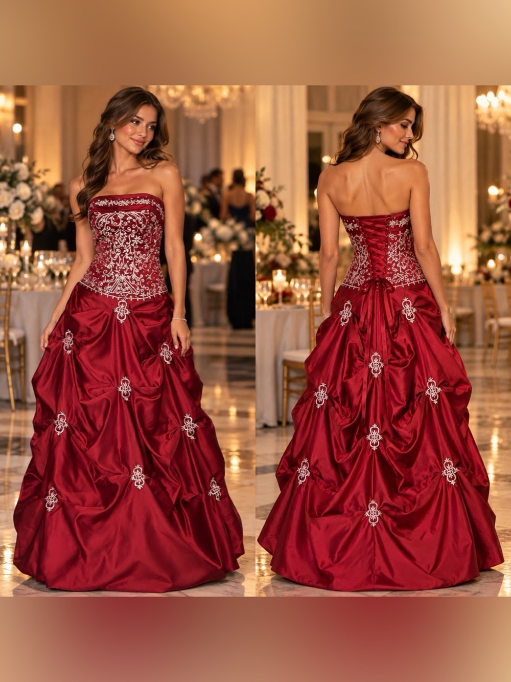 Red Burgundy Ball Gown Corset Prom Dress Silver Embroidered Strapless XS S 2 4 6